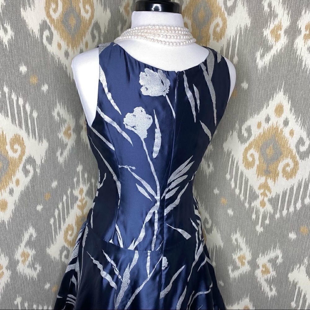 Ralph Lauren Silver Foil Botanical Print Navy Silk Fit & Flare Dress - Picture 4 of 16